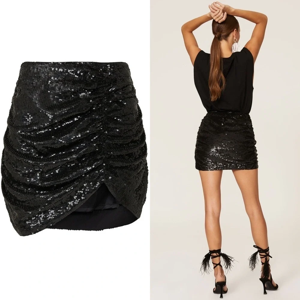 RETROFETE‎ Black Sequin Asymmetric Ruched Hem Bodycon Mini Skirt XL
